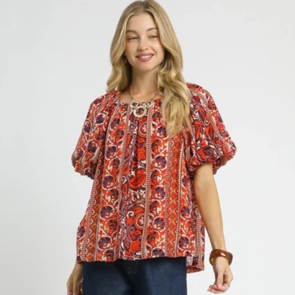 Umgee Rust Boho Paisley Puff Sleeve Oversized Blouse NWT Size S - Picture 3 of 8